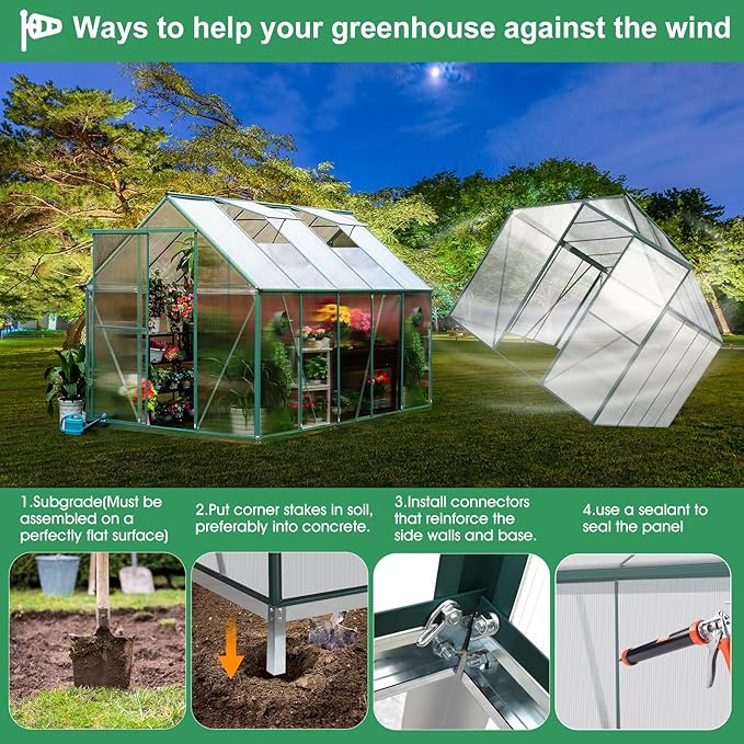 WACASA 10x6 FT Polycarbonate Greenhouse for Outdoors, Heavy Duty Aluminum Greenhouses kit with Rain Gutter, Vent and Lockable Door, Walk-in Green House for Winter, Garden, Patio, Backyard, Green