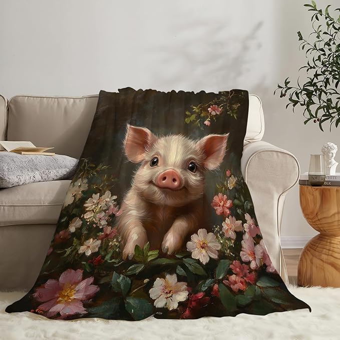 Pig Blanket Cute Pig Flower Throw Blanket Soft Warm Cozy Fuzzy Plush Vintage Gifts for Girls Women Lightweight Fleece Flannel Stuff Decor Gift for Kids Adults 80"X60"