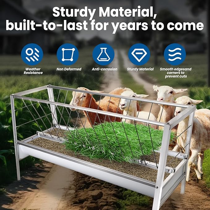 5 Ft Long Goat Hay Feeder, 88 Gallon Feeding Tray for Livestock Feeder, 2 in 1 Hay Feeder for Goats, Feeding Goats, Sheep and Ponies, for Farms, Sheep Sheds (Galvanized)