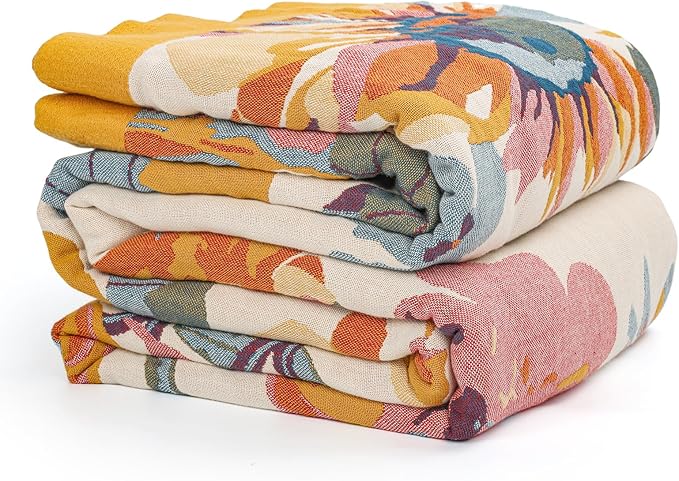 MACEVIA 100% Cotton Boho Throw Blanket, Soft Lightweight Butterfly Floral Design, 80"x90" Large Bedspread for Queen Bed, Couch Sofa, Cottagecore Decor(Butterfly Floral)