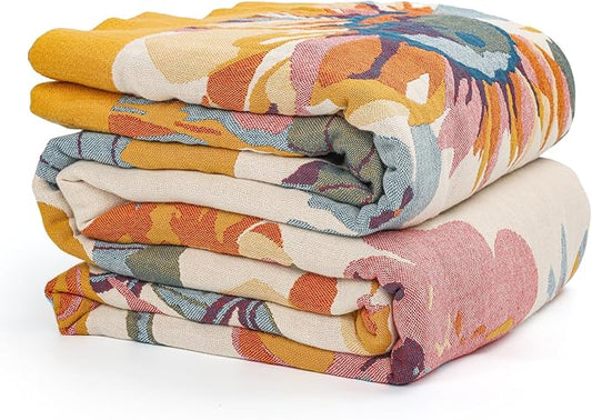 MACEVIA 100% Cotton Boho Throw Blanket, Soft Lightweight Butterfly Floral Design, 80"x90" Large Bedspread for Queen Bed, Couch Sofa, Cottagecore Decor(Butterfly Floral)