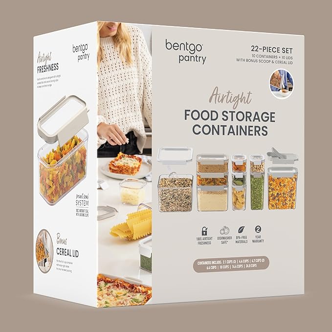 Bentgo Pantry - 22-Piece Airtight Food Storage Containers, Clear and Stackable Kitchen and Pantry Organization Set, Locking Lids for Freshness, Bonus Cereal Lid & Scoop, BPA-Free Plastic (White Stone)