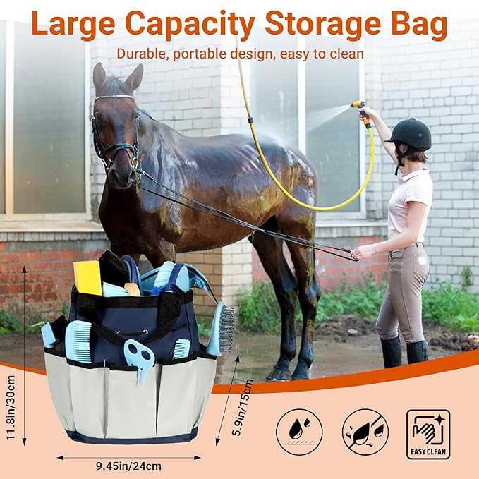Horse Grooming Kit, 14-in-1 Professional Horse Brush Supplies Set for Grooming & Care, with Horse Brushes, Curry Comb, Hoof Pick & Waterproof Storage Tote Bag for Shining, Detangling, Massaging
