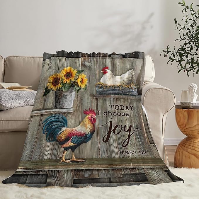 Dynova Rooster Blanket Cozy Plush Chicken Hen Throw Blankets Fuzzy Flannel Fleece Country Sunflower Gifts for Girls Boys Women Men 80"X60"