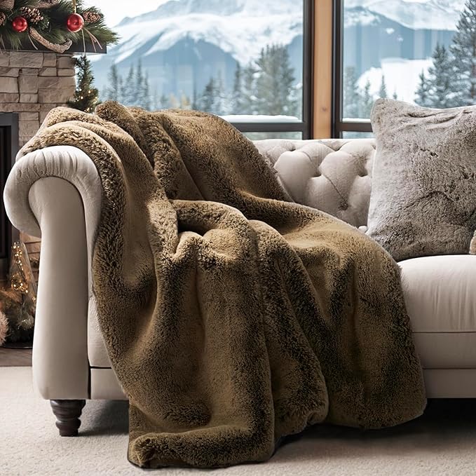 EVERGRACEHOME Luxury Soft Faux Chinchilla Fur Throw Blanket for Couch, Warm Thick Heavy Winter Throw Blanket 1220GSM for Bed, Fluffy Cozy Mink Blanket with Reversible Velvet, Brown Sable, 50"x60"