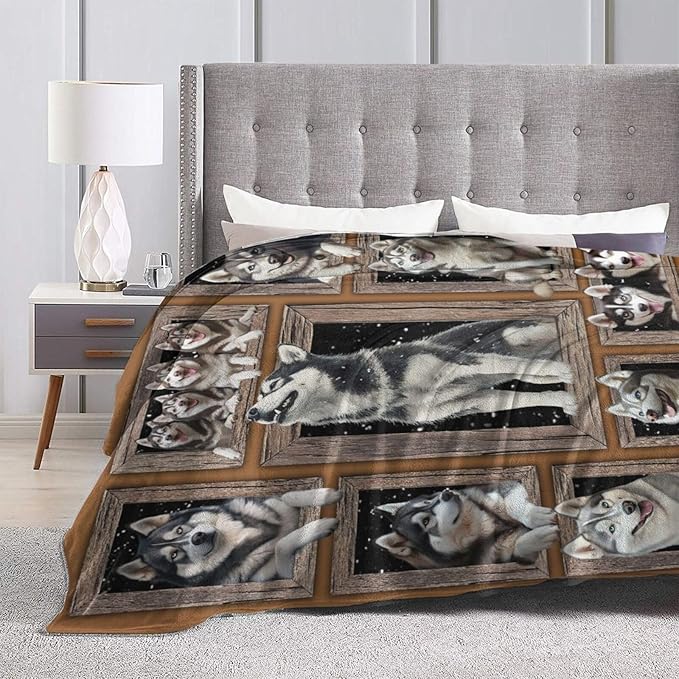 Siberian Husky Throw Blanket Funny Huskey Dogs Flannel Blankets Huskies Fuzzy Plush Super Soft Cozy Warm Decor Gifts for Boys Girls Kids Adults Men Women 60" x 80"