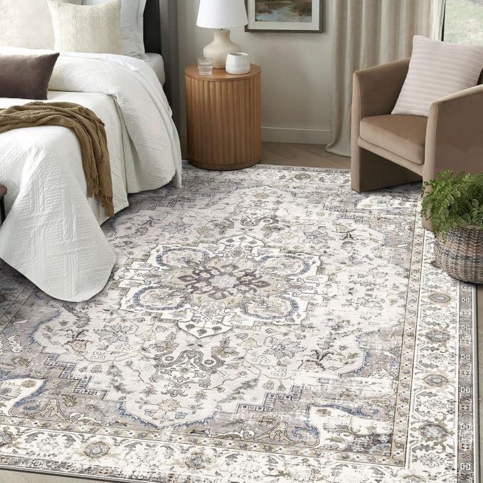 6x9 Area Rug for Living Room - Large Oriental Washable Rugs for Bedroom Non-Slip Cream Stain Resistant Dining Room Rug Farmhouse Low-Pile Carpet Soft Vintage Rug for Office Guest Room