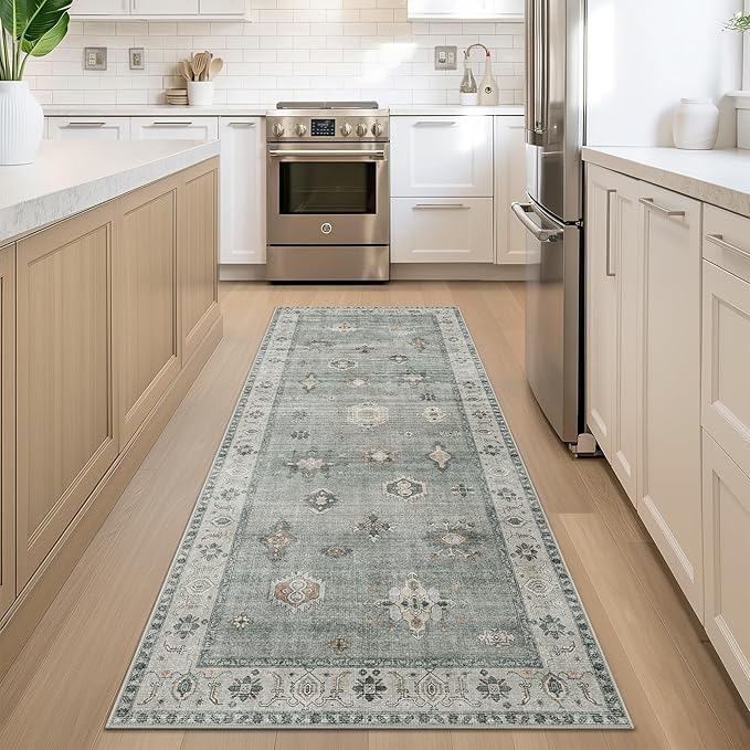 GENIMO 2x5 Runner Rugs for Hallway, Machine Washable Non Slip Vintage Retro Rugs, Low Pile Lightweight Chenille Print Rug for enrtyway, Corridor, Home Office, Bluish Gray