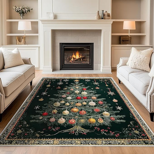 8x10 Christmas Tree Area Rugs Boho Christmas Tree Rug for Living Room Indoor Soft Non-Slip Thin Large Carpet Vintage Rugs for Bedroom Home Decor Under Table Washable Machine