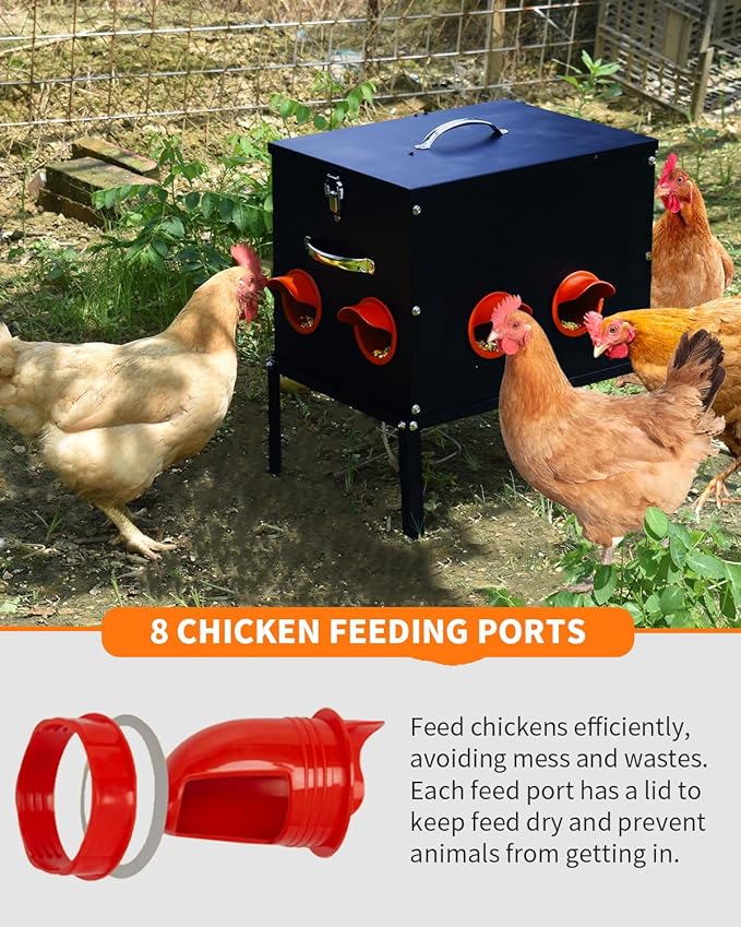 Automatic Chicken Feeder –45LB 8 Feeding Ports,Large Metal Chicken Feeders - No Waste Poultry Feeder with Locking Lid and Legs for Inside Coops