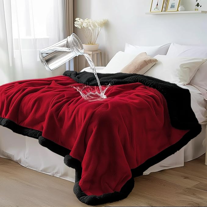 Waterproof Queen Size Blanket - Sherpa Fleece Reversible Throw, Soft Warm Leak-Proof Bed & Couch Protector for Kids, Pets & Everyday Spills (Velvet Red/Obsidian Black, Queen 90x90)