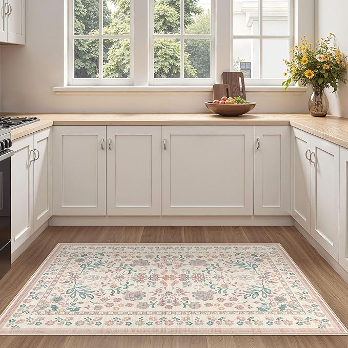 3x5 Area Rug Living Room Rugs - Washable Boho Vintage Floral Large Soft Non Slip Thin Rug Low Pile Carpet for Bedroom Dining Room Kids Playroom Office Decor Indoor- Pink