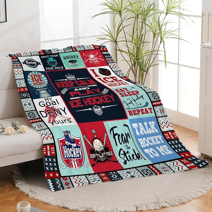 Ice Hockey Blanket, Hockey Player Throw Blanket, Sports Gifts Blankets Stuff Fleece Flannel Plush for Men Boys Women Girls Lovers Adults Soft Bedding Gift for Sofa Bed Office Home Decor 60"x50"