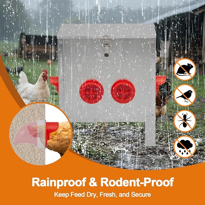 Automatic Chicken Feeder 25lbs Capacity, Galvanized Metal Poultry Feeding Equipment with 4 Ports, Rainproof & Rodent Proof Chicken Food Dispenser for Backyard Coop & Farm Use