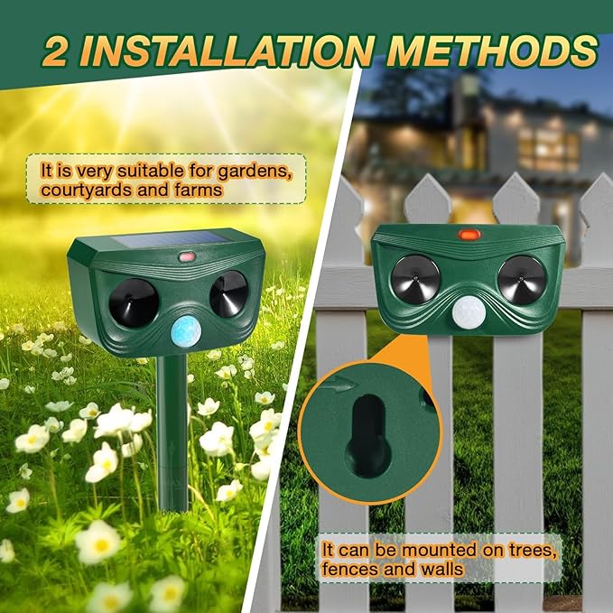 2 Pack Ultrasonic Animal Repellent Cat Repellent Outdoor Solar Animal Deterrent Deer Repellent Devices Motion Activated Scare Cat Dog Skunk Deer Rabbit Squirrel Mouse for Garden Yard