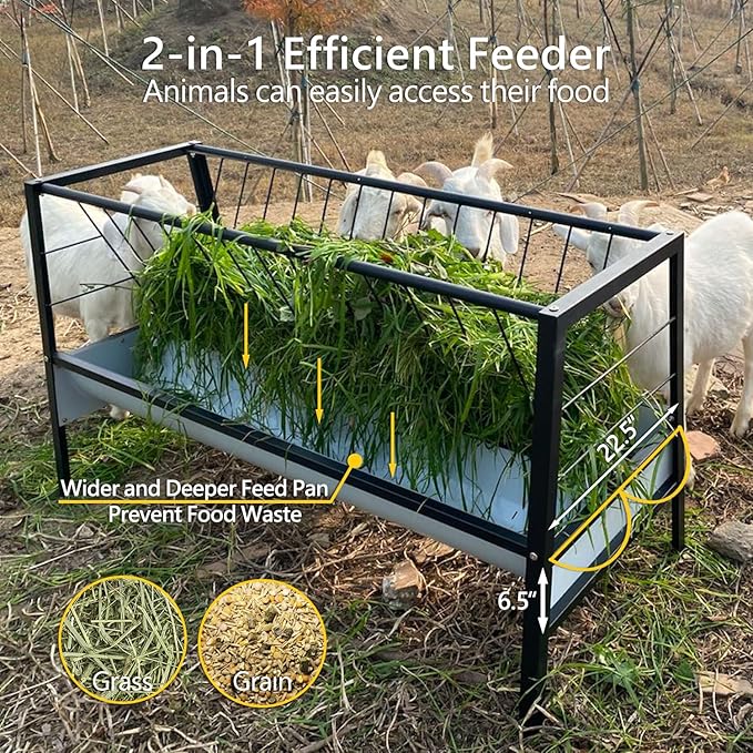Pasture Feeder Black, 5-Feet Long, 77 Gallon Capacity Livestock Feeder with Deeper Feeding Pan, All Steel Frame, Easy to Assemble and Carry, Feeding Goats, Sheep for Farms, Sheep Sheds