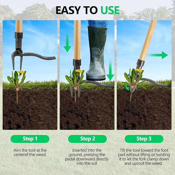Weed Puller Tool, Stand Up Heavy Duty Root Removal Tool with 4-Claw Head & Long Handle, Garden Hand Weeding Tool - Easily Remove Weeds Without Bending, Pulling,or Kneeling