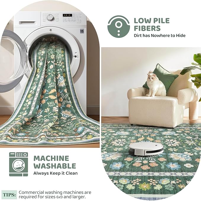 Runner Rug for Hallways Kitchen: 2x8 Washable Area Rug Boho Floral Soft Long Rug - Non-Slip Low Pile Throw Indoor Carpet for Entryway Kitchen Bedroom Laundry Bathroom - Green
