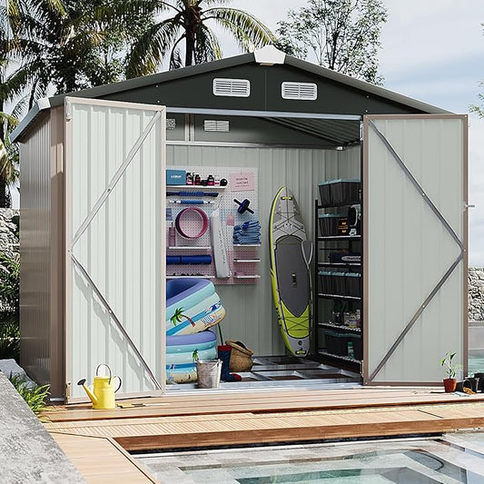 Aoxun 6' x 8' Storage Shed with Base Outdoor Steel Garden Utility Cabinet with Lockable Door Waterproof & Rust-Proof for Yard, Patio, Backyard (Brown, Base Included)