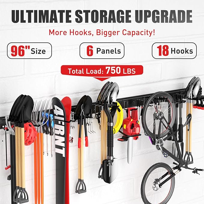 Garage Tool Organizer Wall Mount 96 inches with 18 Adjustable Heavy-Duty Hooks, Garage Organization, Garden Tool Storage Rack, Yard, and Shed, Holds Up to 750 lbs