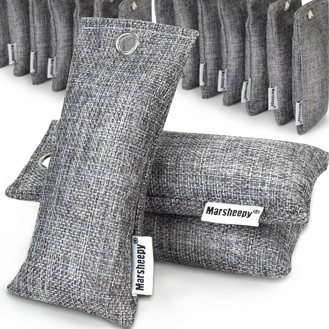Marsheepy 24 Pack Charcoal Shoe Deodorizer Bags, Bamboo Charcoal Air Purifying bags, Odor Absorber, Odor Eliminator for shoes, Home, Closet, Pet（24X50g）