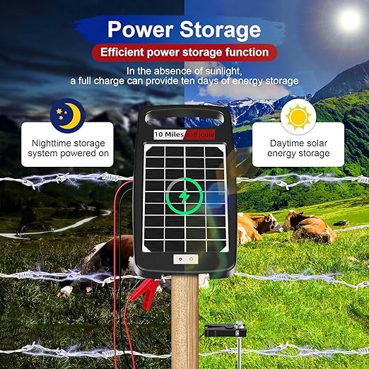 10 Miles Solar Electric Fence Charger,Output 0.18J Electric Fence Charger,24-Hour Uninterrupted Protection Solar Fence Charger,Solar Fence Energizerr That can Work for 14 Days Without Sunlight