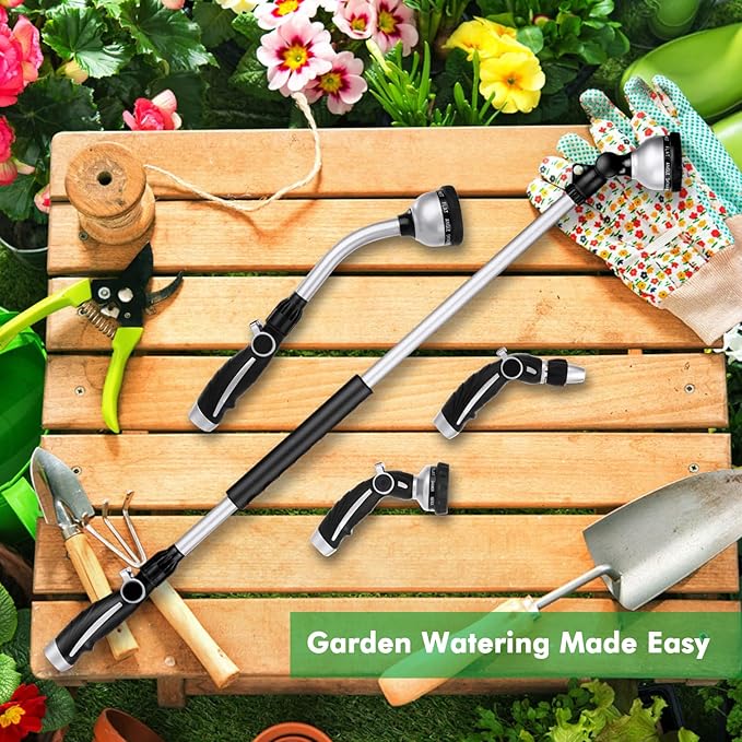 RESTMO 36” Long Watering Wand, Metal Garden Hose Wand with 180° Swivel Head and 10 Spray Patterns, Heavy Duty Hose Nozzle Sprayer with Thumb Flow Control, for Water Hanging Baskets, Shrubs, Silver