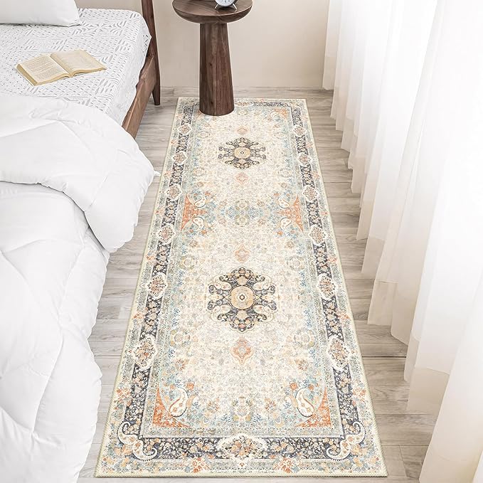 Washable Runner Rug 2x6,Vintage Rug Runners Non Slip,Long Boho Rugs for Hallways Kitchen Bedroom Entryway Living Room Bathroom,Bohemian Distressed Floor Carpet,Retro Blue Grey Floral