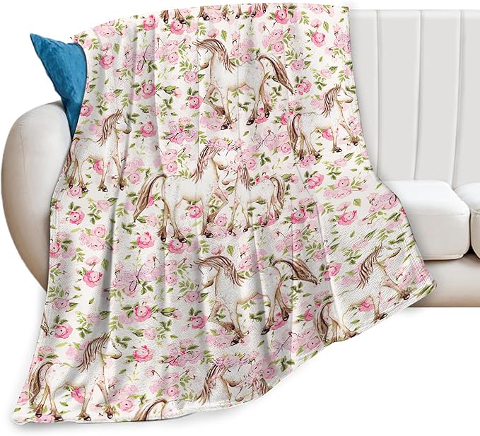 Horse Floral Blanket Pink Cute Horse Baby Throw Blanket Super Soft Plush Lightweight Warm Fleece Flannel Decor Blanket Gifts for Girls Women Boys Men Kids for Sofa Couch Bed 40"X50"