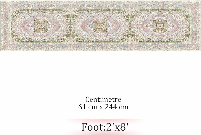 Washable Runner Rug 2x8,Pink Rug Runners Non Slip,Long Boho Rugs for Hallways Kitchen Bedroom Entryway Living Room Bathroom,Vintage Bohemian Distressed Floor Carpet,Blush Green