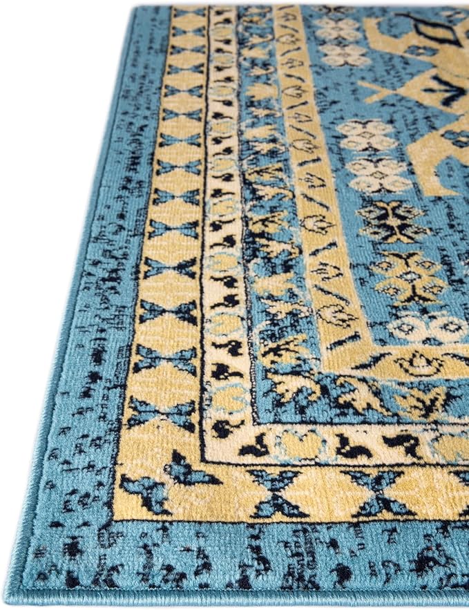Unique Loom Taftan Collection Border Geometric Tribal Inspired Design Area Rug (8' 0 x 10' 0 Rectangular, Light Blue/ Gold)