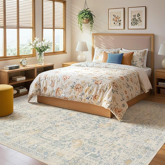 10x12 Area Rug Living Room Rugs - Washable Boho Vintage Floral Large Soft Non Slip Thin Rug Low Pile Carpet for Bedroom Dining Room Kids Playroom Office Decor Indoor- Light Blue