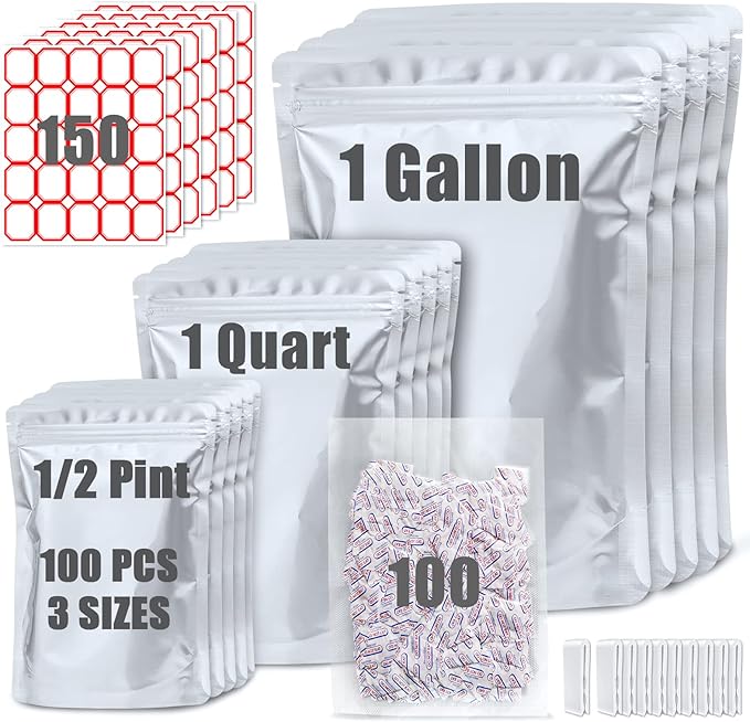 100 Pack Mylar Bags for Food Storage with 100x300cc Oxygen Absorbers - 9 Mil 10"x14", 9Mil 6"x9", 9Mil 4.3"x6.3" - Resealable Bags for Packaging Products & Ziplock Food Grade Bag for Storage