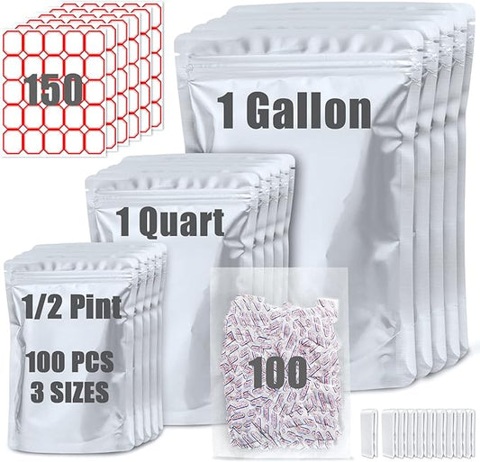 100 Pack Mylar Bags for Food Storage with 100x300cc Oxygen Absorbers - 9 Mil 10"x14", 9Mil 6"x9", 9Mil 4.3"x6.3" - Resealable Bags for Packaging Products & Ziplock Food Grade Bag for Storage