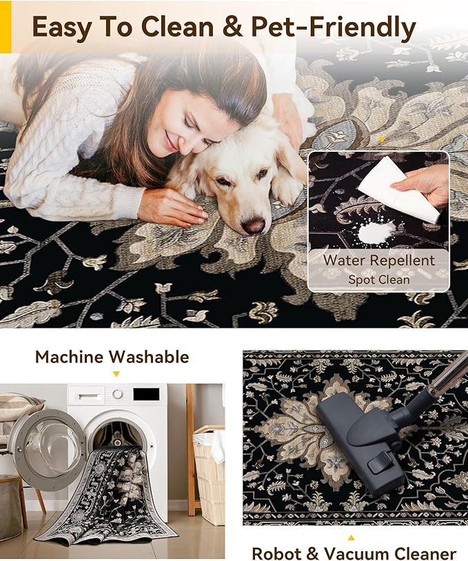 Area Rugs 2'6''x8' Washable Non-Slip, Floral Vintage Distress Print Pattern Medallion Carpet for Living Room Bedroom Dining Room, Black Brown Neutral Dark Tan