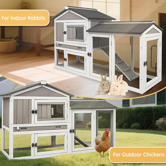 Rabbit Hutch Indoor Outdoor 57 "L Bunny Hutch with Pull Out Tray,2 Story Wooden Rabbit Cage with Asphalt Roof,Guinea Pig Cage with Ventilation Doors,Ramp for Small Animals(Grey)