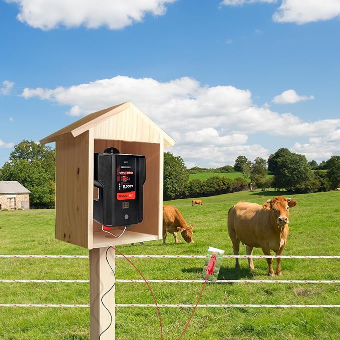Electric Fence Charger AC DC Powered 65 Miles 200 Acres, 110 Volt 2 Joule Plug-in Electric Fence Energizer, Output Voltage Max 12 kV for Livestock, Preventing Predators from Intruding