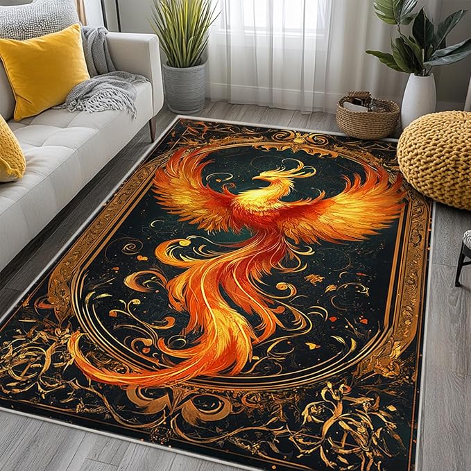 4x6 Phoenix Area Rugs Boho Phoenix Rug for Living Room Indoor Soft Non-Slip Thin Large Carpet Vintage Rugs for Bedroom Home Decor Under Table Washable Machine
