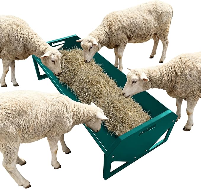 GarveeLife Livestock Feeding Trough, Heavy Duty Steel Livestock Trough for 10 Sheep Once, 22 Gallon Capacity 45.13" Hay Feeder for Horse, Goat, Sheep, Cattle, Cow, Alpaca, Dark Green