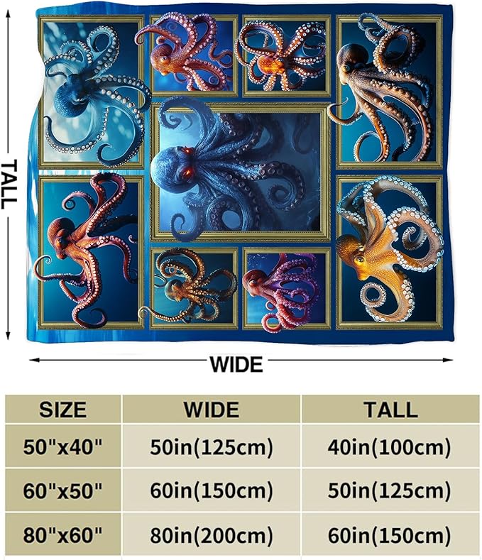 Octopus Throw Blanket - Ultra Soft Cozy Fleece Fuzzy Plush Octopus Lovers Decor Gift for Women, Girls & Adults - 60"x50"