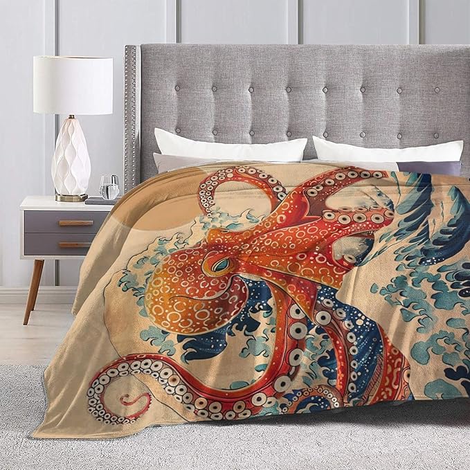 Japanese Octopus Throw Blanket Rustic Octopus Fleece Plush Super Soft Cozy Warm Lightweight Ocean Nautical Decor Gifts for Boys Girls Kids Adults Men Women 60" x 80"