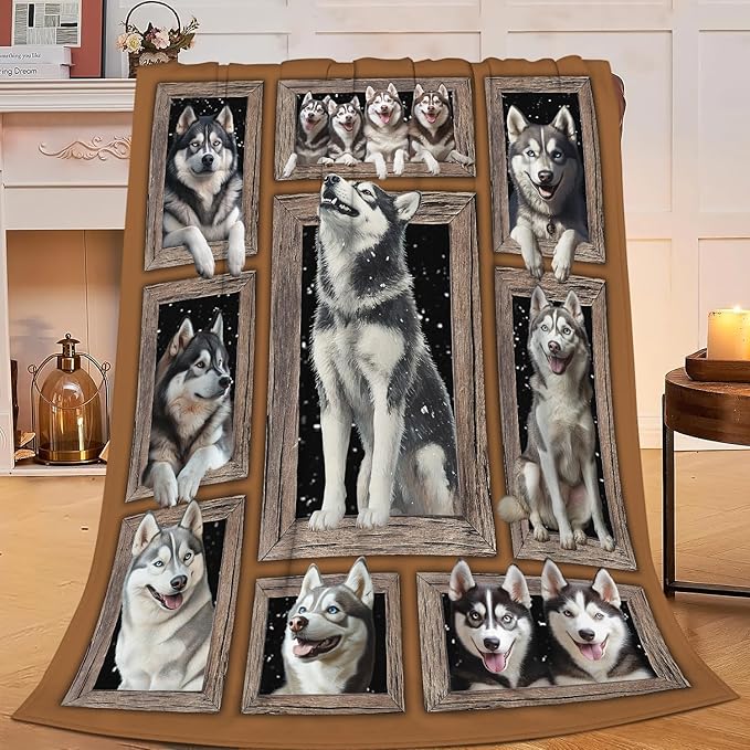 Siberian Husky Throw Blanket Funny Huskey Dogs Flannel Blankets Huskies Fuzzy Plush Super Soft Cozy Warm Decor Gifts for Boys Girls Kids Adults Men Women 50" x 60"