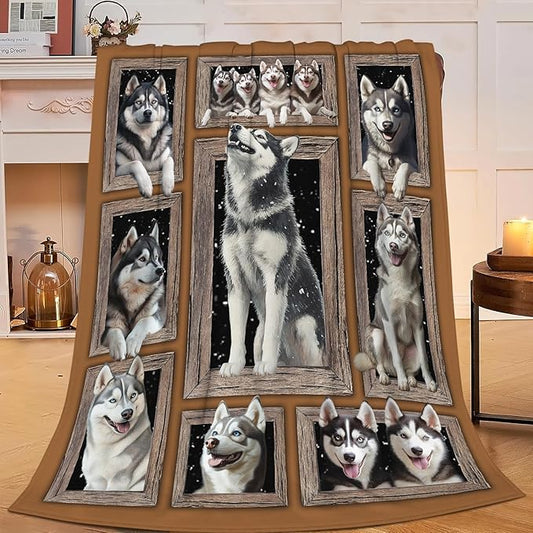 Siberian Husky Throw Blanket Funny Huskey Dogs Flannel Blankets Huskies Fuzzy Plush Super Soft Cozy Warm Decor Gifts for Boys Girls Kids Adults Men Women 50" x 60"