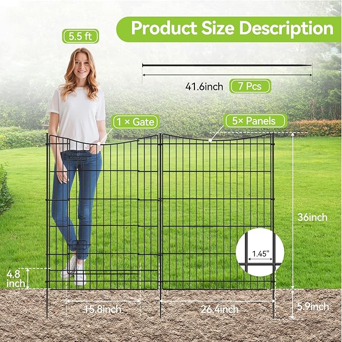 INJOPEXI Decorative Garden Fence 6 Panels 13ft(L)×36in(H) Metal Garden Fences with 5 Panels + 1 Gate, Animal Barrier Rabbit Fence Rustproof Wire Temporary Dog Fencing Outdoor for Yard Lawn Patio