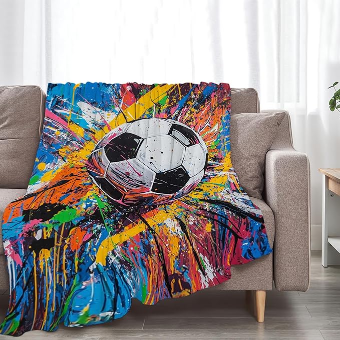 Graffiti Soccer Blanket Banksy Sport Throw Blankets Gifts for Girls Boys Kids Soccer Lover Soft Cozy Fleece Plush for Couch Sofa Bed 50"x40"