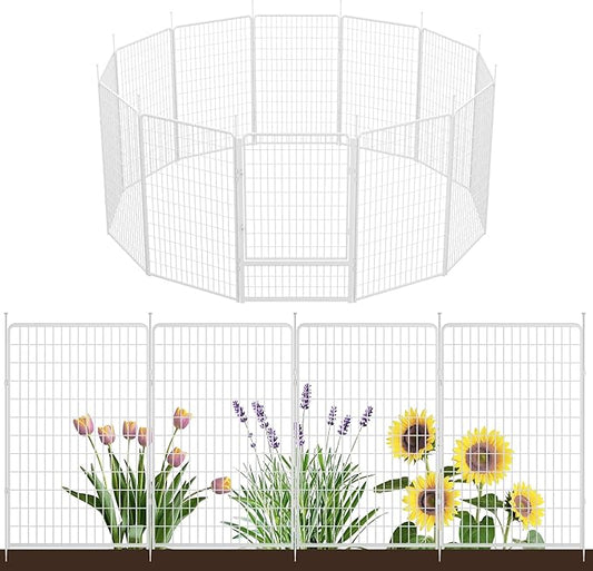 Decorative Garden Fence with Gate 50 in(H) x 30.7 ft(L) 12 Panels, Heavy Duty Metal Animal Barrier Fence for Yard, Flower Bed Fencing, Garden Border Fence, Easy Set Up, White