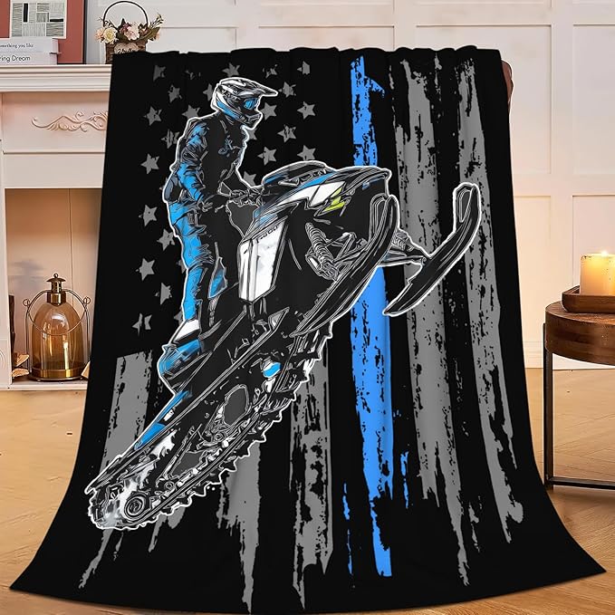 Snowmobile Blanket Gifts for Girls Boys Skiing Sports Throw Blankets Cozy Plush Fleece America Flag Flannel Fuzzy for Men Women 80"X60"