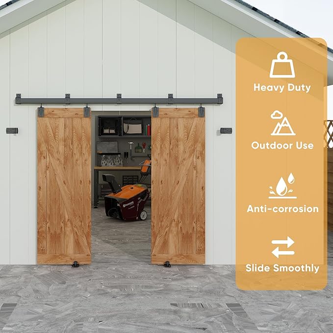 JUBEST 8FT Box Rail Exterior Barn Door Hardware Kit, Heavy Duty Sliding Door Track Kit Wall Mount Door Hardware Kit for Two Doors System(Doors Not Included), Black
