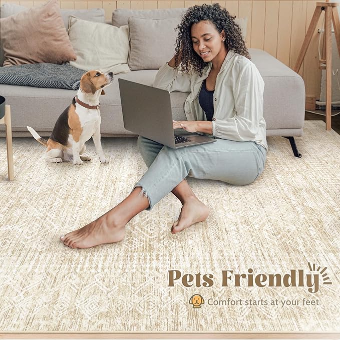 6x9 Area Rugs for Living Room: Washable Moroccan Geometric Boho Rug Farmhouse Non Slip Stain Resistant Large Rug Low Pile Soft Carpet for Bedroom Dining Room Home Office Children Room (Beige,6'x9')