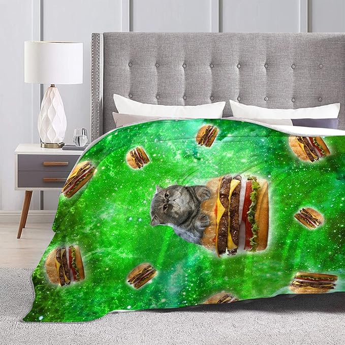 Funny Cat & Hamburgers Throw Blanket for Kids & Adults - Ultra Soft Cozy Fleece for Couch, Sofa, Bed - 50"x60"